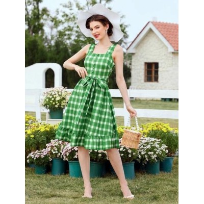 DECDS Vintage Elegant Plaid Spaghetti Strap Dress With Ruffle Hem, Bowknot Wais