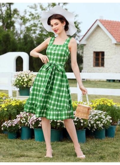 DECDS Vintage Elegant Plaid Spaghetti Strap Dress With Ruffle Hem, Bowknot Wais