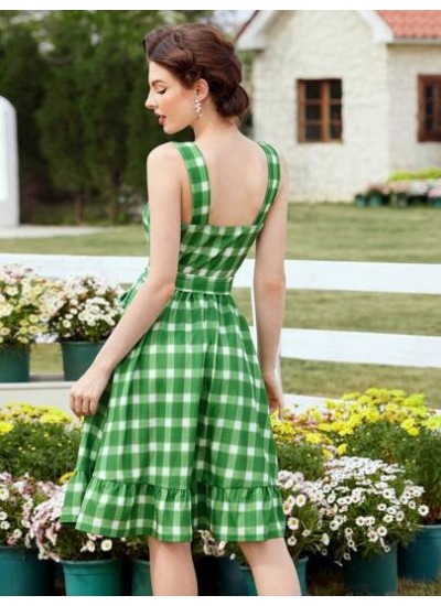 DECDS Vintage Elegant Plaid Spaghetti Strap Dress With Ruffle Hem, Bowknot Wais