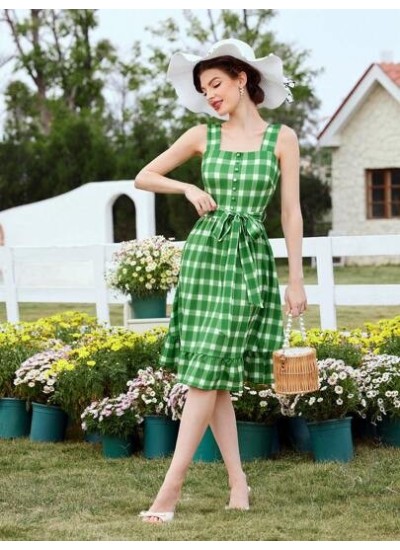 DECDS Vintage Elegant Plaid Spaghetti Strap Dress With Ruffle Hem, Bowknot Wais