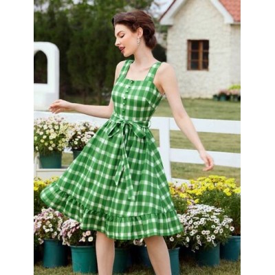 DECDS Vintage Elegant Plaid Spaghetti Strap Dress With Ruffle Hem, Bowknot Wais