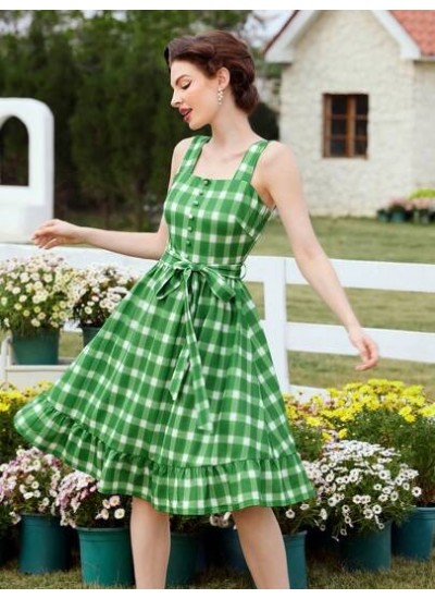 DECDS Vintage Elegant Plaid Spaghetti Strap Dress With Ruffle Hem, Bowknot Wais