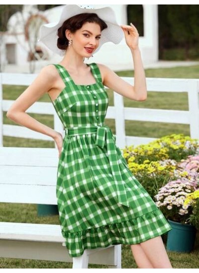 DECDS Vintage Elegant Plaid Spaghetti Strap Dress With Ruffle Hem, Bowknot Wais