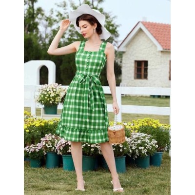 DECDS Vintage Elegant Plaid Spaghetti Strap Dress With Ruffle Hem, Bowknot Wais