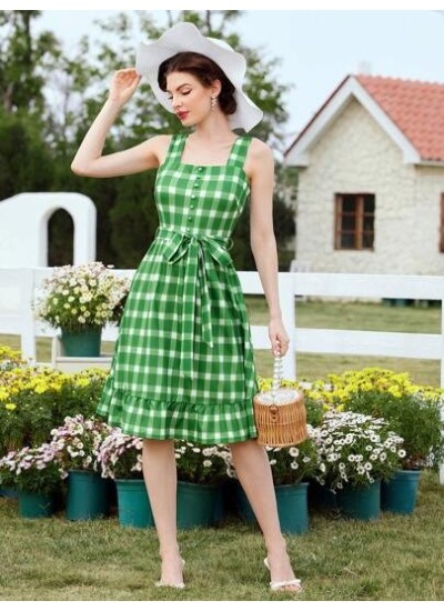 DECDS Vintage Elegant Plaid Spaghetti Strap Dress With Ruffle Hem, Bowknot Wais