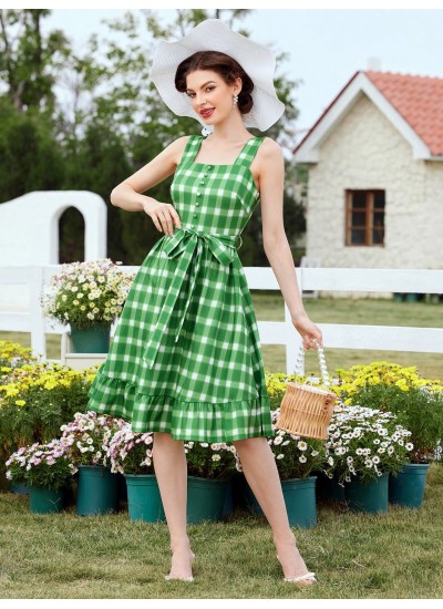 DECDS Vintage Elegant Plaid Spaghetti Strap Dress With Ruffle Hem, Bowknot Wais