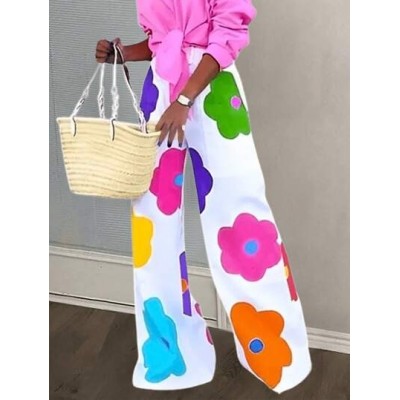 Slayr Summer Casual Vacation Colorful Flower All-Over Printed Wide-Leg Pants Fo