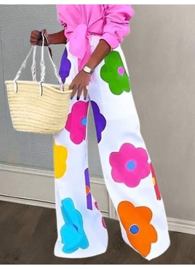 Slayr Summer Casual Vacation Colorful Flower All-Over Printed Wide-Leg Pants Fo