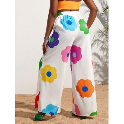 Slayr Summer Casual Vacation Colorful Flower All-Over Printed Wide-Leg Pants Fo