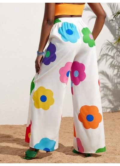 Slayr Summer Casual Vacation Colorful Flower All-Over Printed Wide-Leg Pants Fo