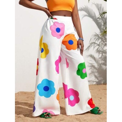 Slayr Summer Casual Vacation Colorful Flower All-Over Printed Wide-Leg Pants Fo