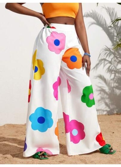 Slayr Summer Casual Vacation Colorful Flower All-Over Printed Wide-Leg Pants Fo