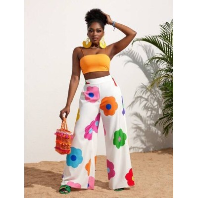 Slayr Summer Casual Vacation Colorful Flower All-Over Printed Wide-Leg Pants Fo