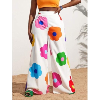 Slayr Summer Casual Vacation Colorful Flower All-Over Printed Wide-Leg Pants Fo