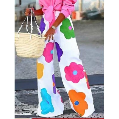 Slayr Summer Casual Vacation Colorful Flower All-Over Printed Wide-Leg Pants Fo