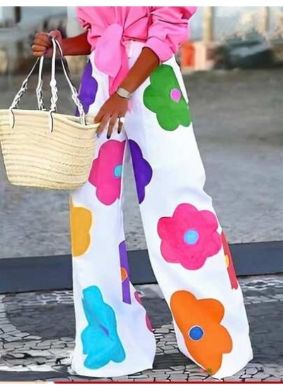 Slayr Summer Casual Vacation Colorful Flower All-Over Printed Wide-Leg Pants Fo