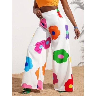 Slayr Summer Casual Vacation Colorful Flower All-Over Printed Wide-Leg Pants Fo