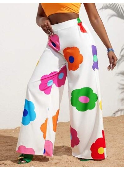 Slayr Summer Casual Vacation Colorful Flower All-Over Printed Wide-Leg Pants Fo