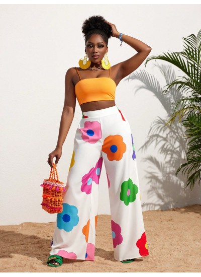 Slayr Summer Casual Vacation Colorful Flower All-Over Printed Wide-Leg Pants Fo