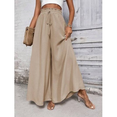 LUNE Women Khaki Casual Wide Leg Pants With Front Bowknot Belt - Choose Your Si