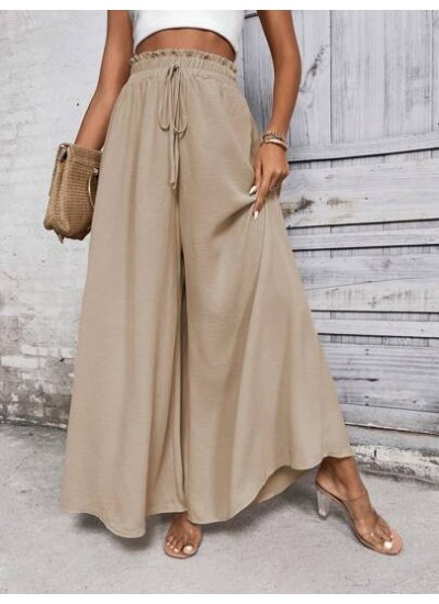 LUNE Women Khaki Casual Wide Leg Pants With Front Bowknot Belt - Choose Your Si