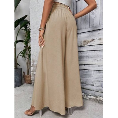 LUNE Women Khaki Casual Wide Leg Pants With Front Bowknot Belt - Choose Your Si