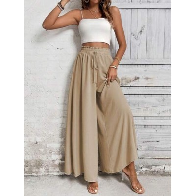 LUNE Women Khaki Casual Wide Leg Pants With Front Bowknot Belt - Choose Your Si