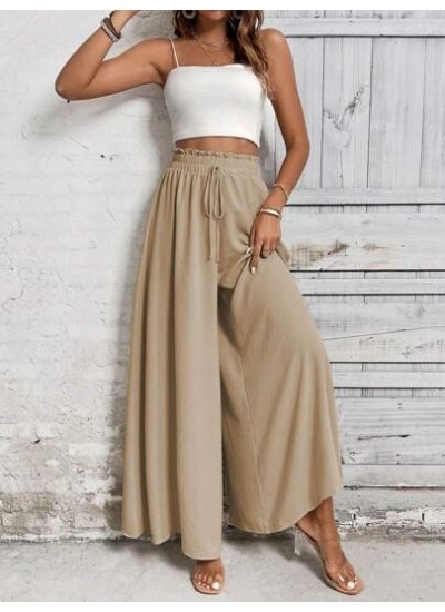 LUNE Women Khaki Casual Wide Leg Pants With Front Bowknot Belt - Choose Your Si