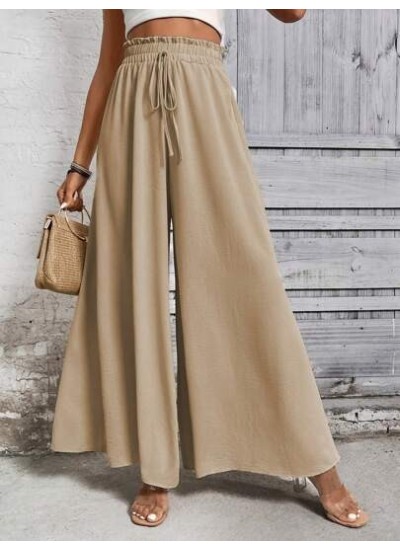 LUNE Women Khaki Casual Wide Leg Pants With Front Bowknot Belt - Choose Your Si