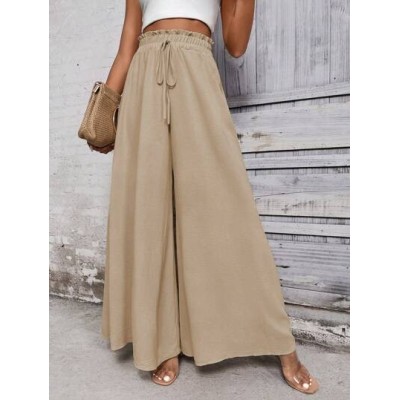 LUNE Women Khaki Casual Wide Leg Pants With Front Bowknot Belt - Choose Your Si