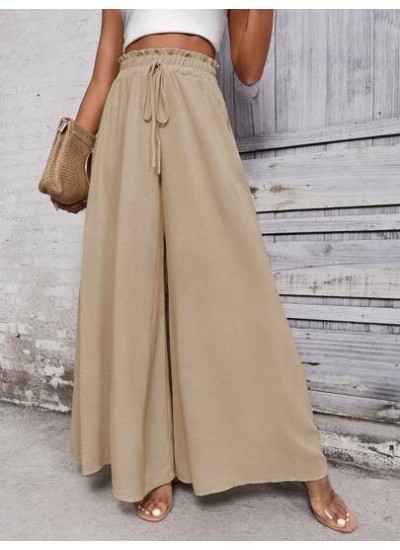 LUNE Women Khaki Casual Wide Leg Pants With Front Bowknot Belt - Choose Your Si