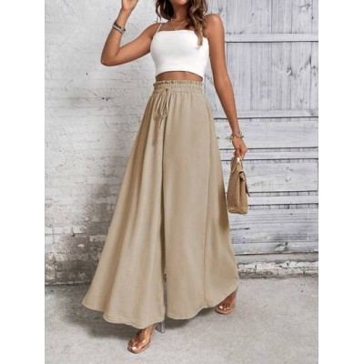 LUNE Women Khaki Casual Wide Leg Pants With Front Bowknot Belt - Choose Your Si