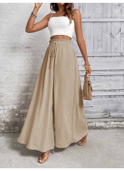 LUNE Women Khaki Casual Wide Leg Pants With Front Bowknot Belt - Choose Your Si