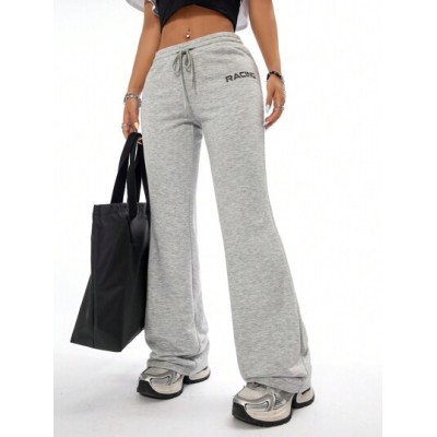 Coolane Letter Printed Elastic Waist Casual Flare Pants With Drawstring - Choos