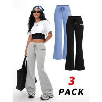 Coolane Letter Printed Elastic Waist Casual Flare Pants With Drawstring - Choos