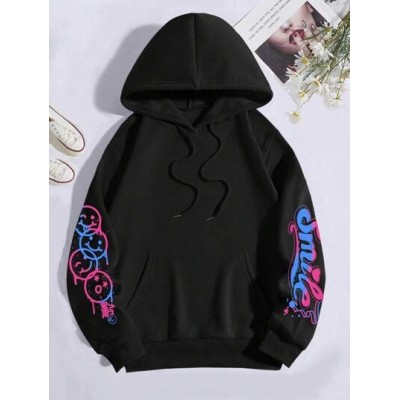 EZwear Letter & Expression Print Kangaroo Pocket Drawstring Thermal Hoodie - Ch