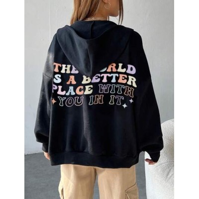 EZwear Slogan Graphic Drop Shoulder Zipper Up Drawstring Hoodie - Choose Your S