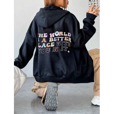 EZwear Slogan Graphic Drop Shoulder Zipper Up Drawstring Hoodie - Choose Your S