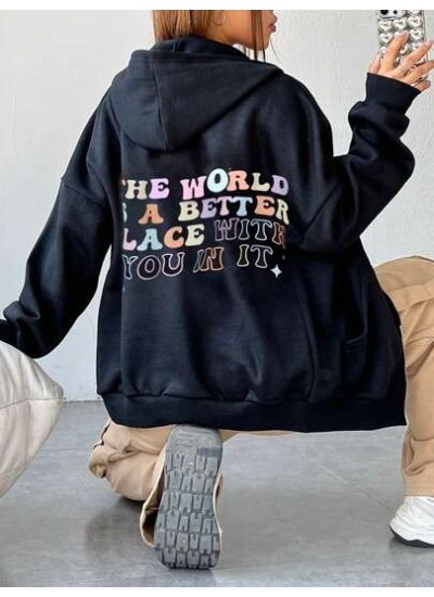 EZwear Slogan Graphic Drop Shoulder Zipper Up Drawstring Hoodie - Choose Your S