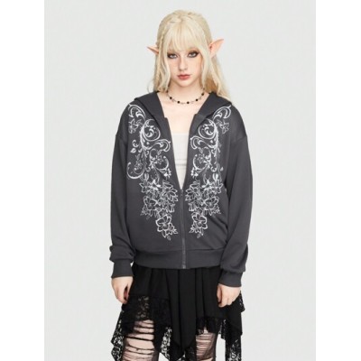 Fairycore Women.s Hoodie With Front Zipper And Floral Pattern - Choose Your Siz