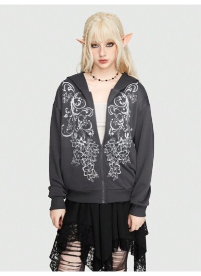 Fairycore Women.s Hoodie With Front Zipper And Floral Pattern - Choose Your Siz