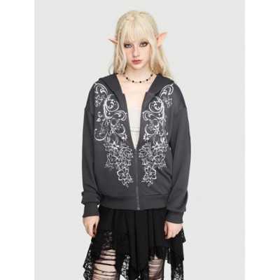 Fairycore Women.s Hoodie With Front Zipper And Floral Pattern - Choose Your Siz