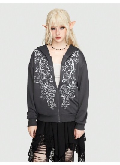 Fairycore Women.s Hoodie With Front Zipper And Floral Pattern - Choose Your Siz