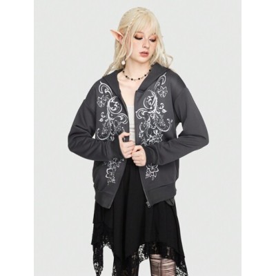 Fairycore Women.s Hoodie With Front Zipper And Floral Pattern - Choose Your Siz