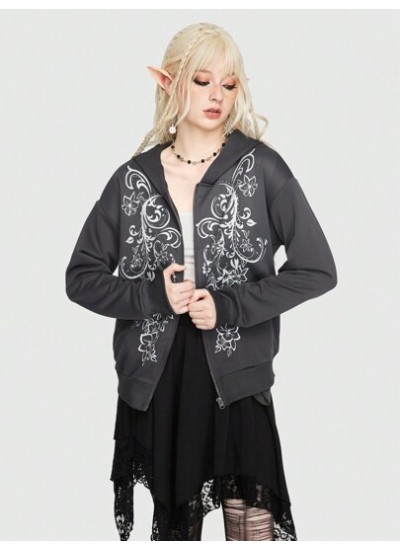 Fairycore Women.s Hoodie With Front Zipper And Floral Pattern - Choose Your Siz