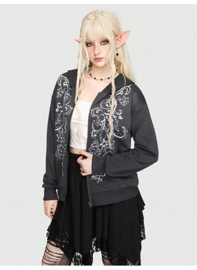 Fairycore Women.s Hoodie With Front Zipper And Floral Pattern - Choose Your Siz