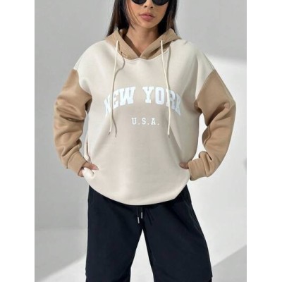 Coolane Color Block Hoodie With Drawstring And Letter Print - Choose Your Size