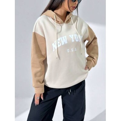 Coolane Color Block Hoodie With Drawstring And Letter Print - Choose Your Size