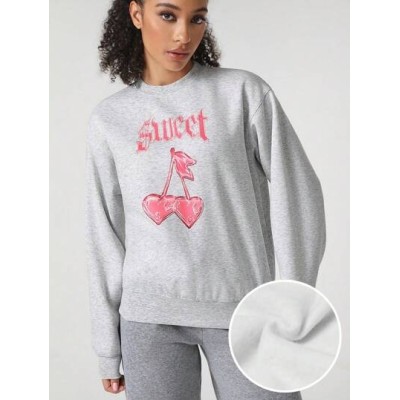 JUNG HANA Women.s Warm Crewneck Sweatshirt With Letter Print And Dropped Shoulde