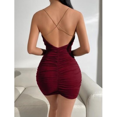 BAE Draped Collar Chain Detail Crisscross Backless Ruched Cami Dress - Choose Y